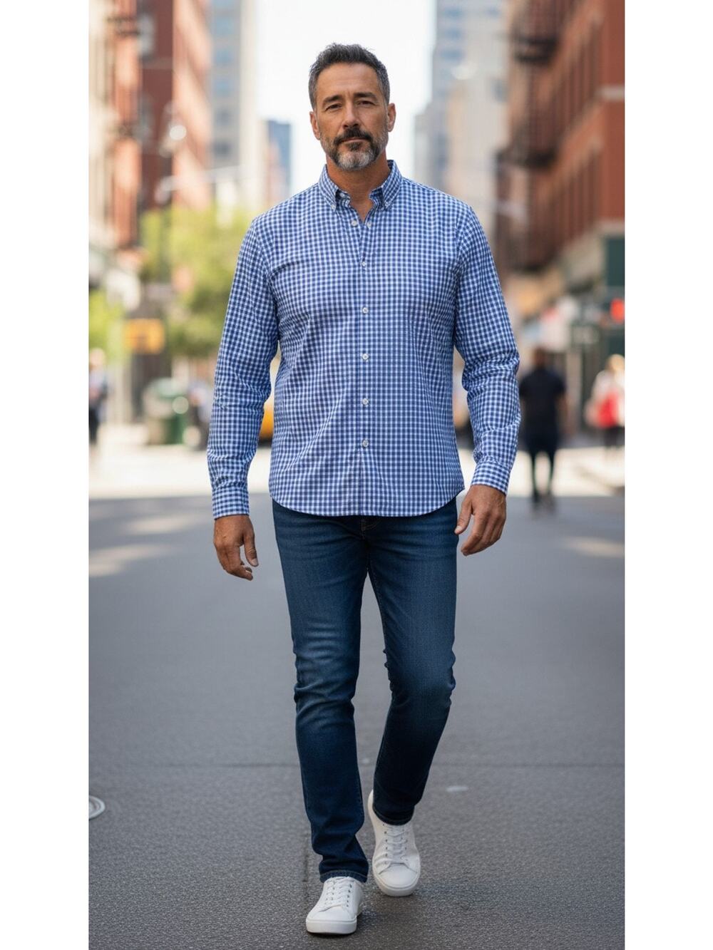 PASHARTUK Mens Button Down Shirt 2XL Blue White Plaid Long Sleeve Checkered